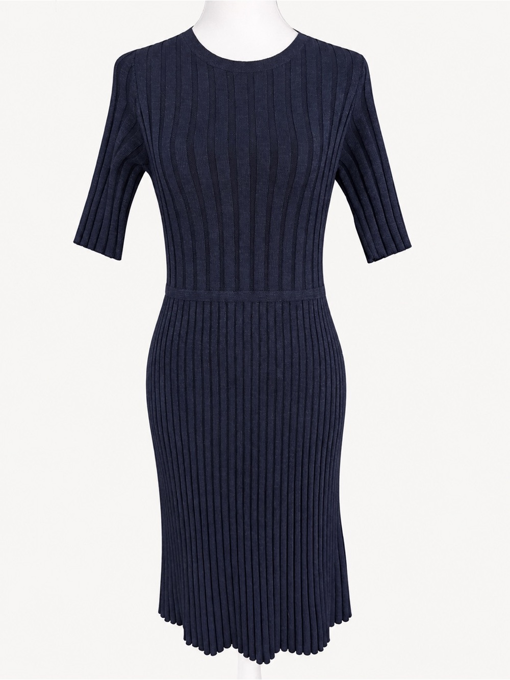 Ann Taylor Navy Ribbed Knit Fit & Flare Midi Sweater Dress